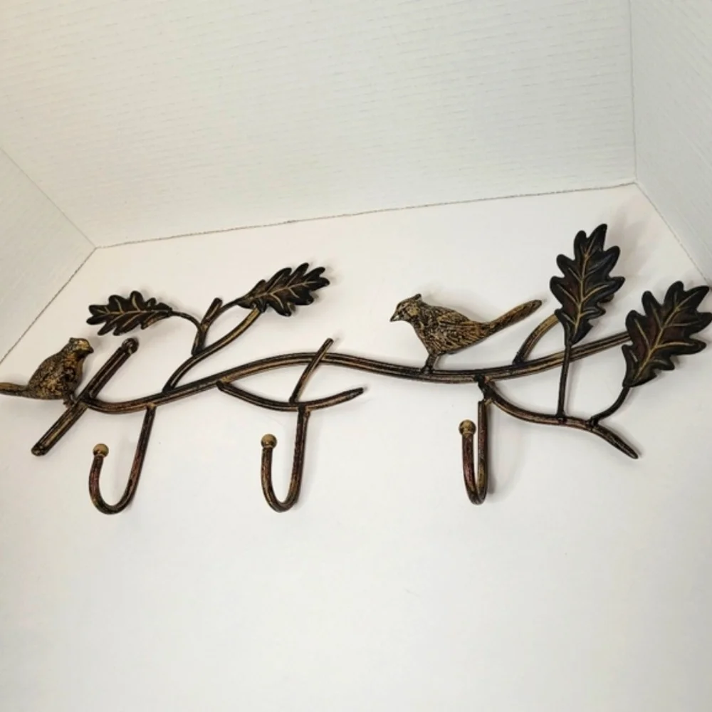 Decorative Birds On A Branch Rustic Metal Functional Wall Decor with Three Hooks